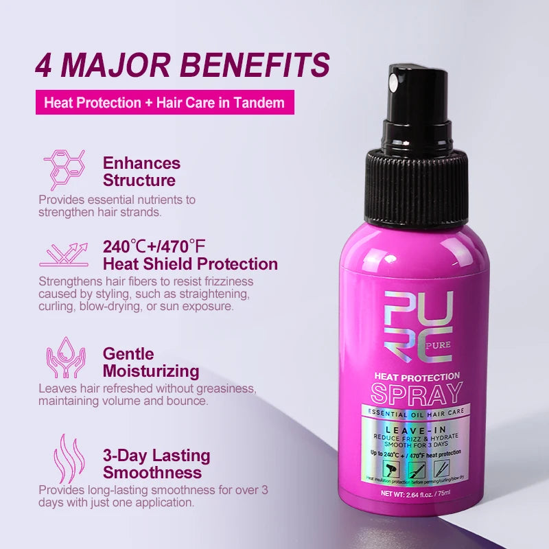 PUR3 Heat Protectant Spray Coconut Oil Frizz Control & Shine for All Hair Types